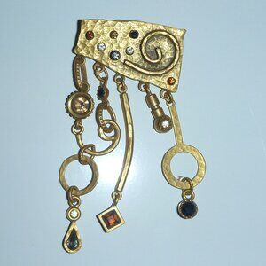 Patricia Locke Tooled Gold Swarovski Crystals Abstract Modern Brooch Pin.
